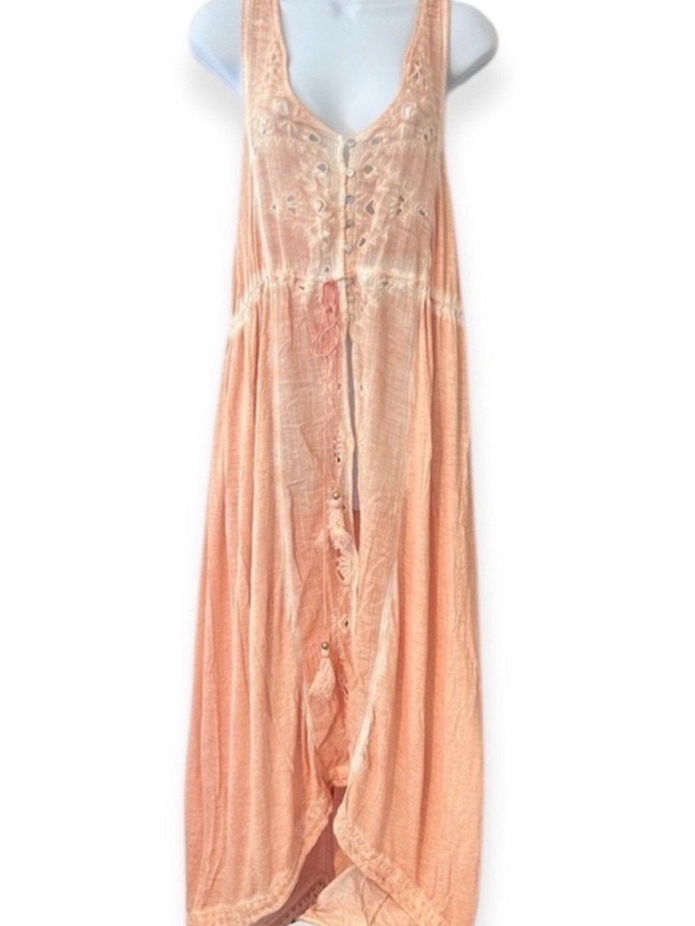 Free People Peach Duster, Sleeveless Open Tie Front Midi Dress/Cover Up - Medium